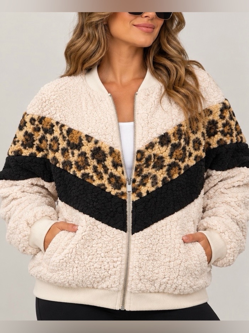 Express Cream Sherpa Jacket with Black & Leopard Chevron